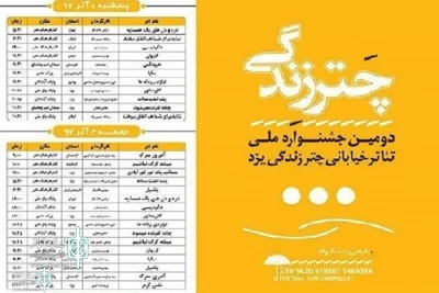 نخستین روز آذرماه 97

دومین جشنواره ملی تئاتر خیابانی«چتر زندگی» یزد آغاز می شود