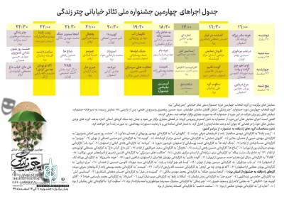 جدول زمانبندی اجراهای چهارمین جشنواره ملی تئاتر خیابانی چتر زندگی
