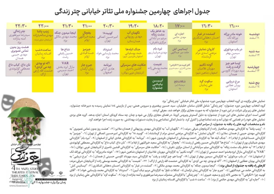 جدول زمانبندی اجراهای چهارمین جشنواره ملی تئاتر خیابانی چتر زندگی 2